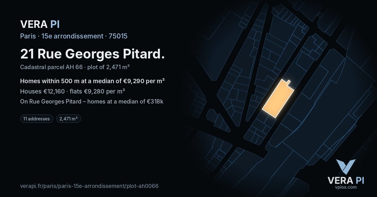 21 Rue Georges Pitard, 15e arrondissement at night – the plot lit, the parcels around coloured by the prices near them