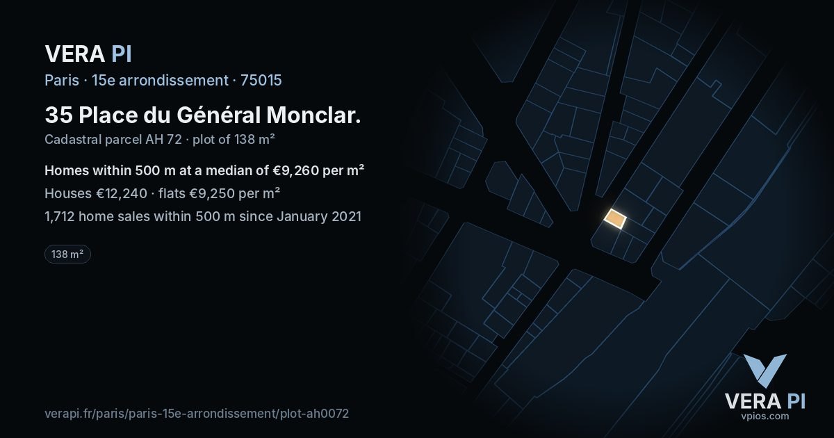 35 Place du Général Monclar, 15e arrondissement at night – the plot lit, the parcels around coloured by the prices near them