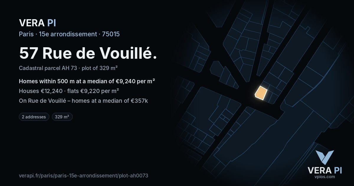 57 Rue de Vouillé, 15e arrondissement at night – the plot lit, the parcels around coloured by the prices near them