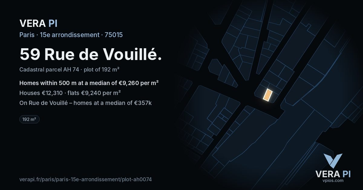 59 Rue de Vouillé, 15e arrondissement at night – the plot lit, the parcels around coloured by the prices near them