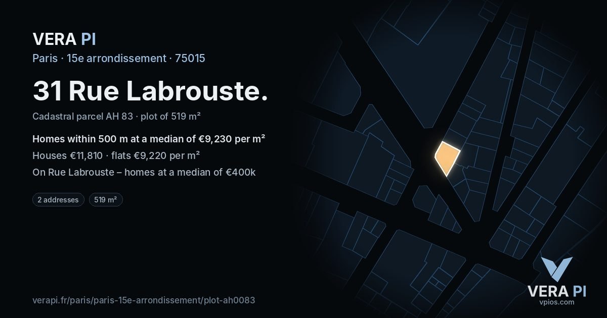 31 Rue Labrouste, 15e arrondissement at night – the plot lit, the parcels around coloured by the prices near them