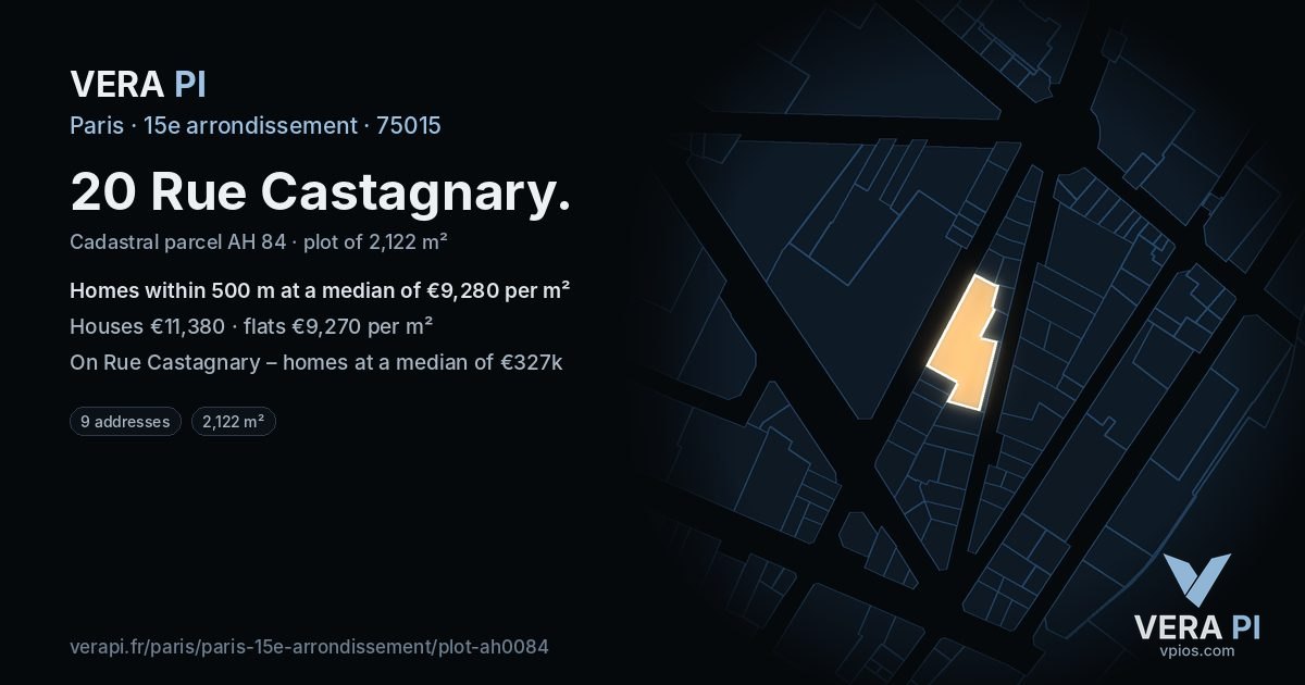 20 Rue Castagnary, 15e arrondissement at night – the plot lit, the parcels around coloured by the prices near them