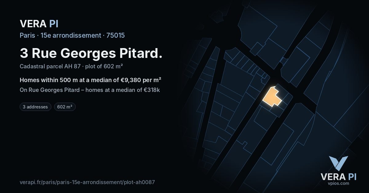 3 Rue Georges Pitard, 15e arrondissement at night – the plot lit, the parcels around coloured by the prices near them