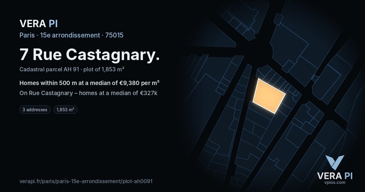 7 Rue Castagnary, 15e arrondissement at night – the plot lit, the parcels around coloured by the prices near them