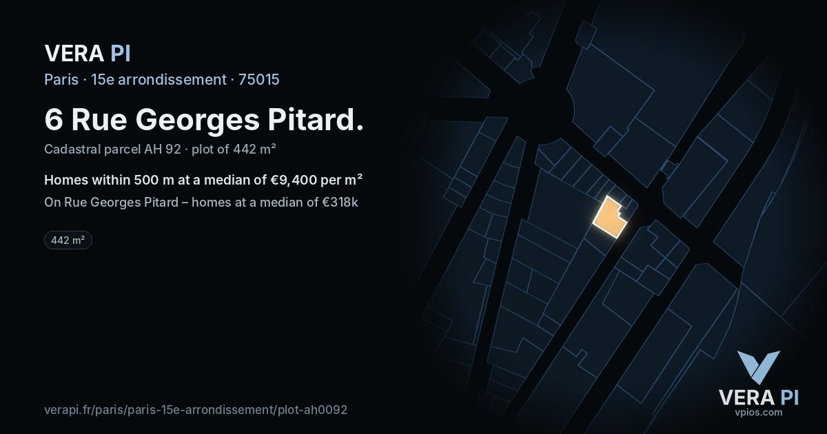 6 Rue Georges Pitard, 15e arrondissement at night – the plot lit, the parcels around coloured by the prices near them