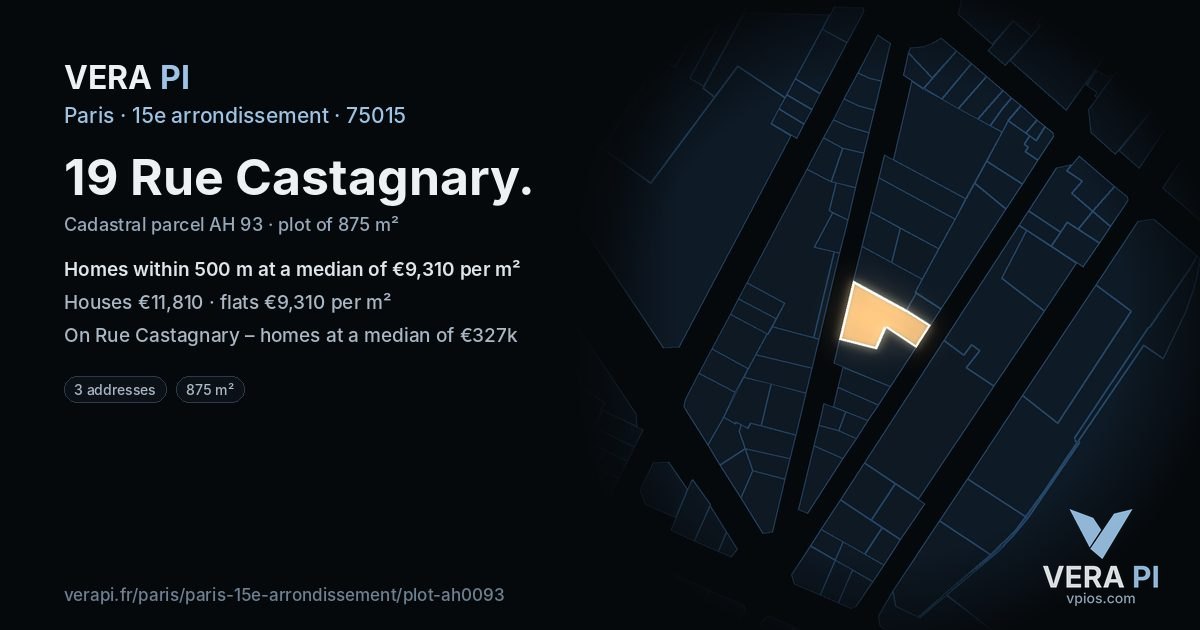 19 Rue Castagnary, 15e arrondissement at night – the plot lit, the parcels around coloured by the prices near them