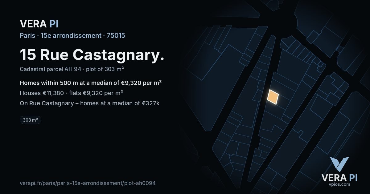 15 Rue Castagnary, 15e arrondissement at night – the plot lit, the parcels around coloured by the prices near them