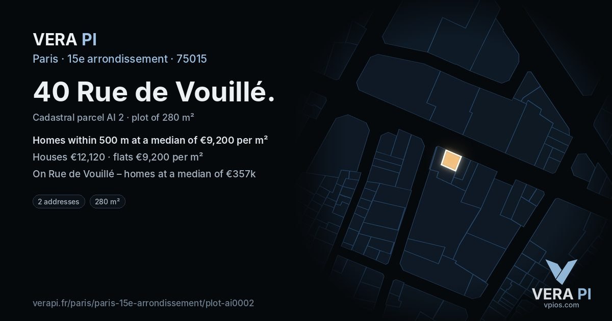 40 Rue de Vouillé, 15e arrondissement at night – the plot lit, the parcels around coloured by the prices near them