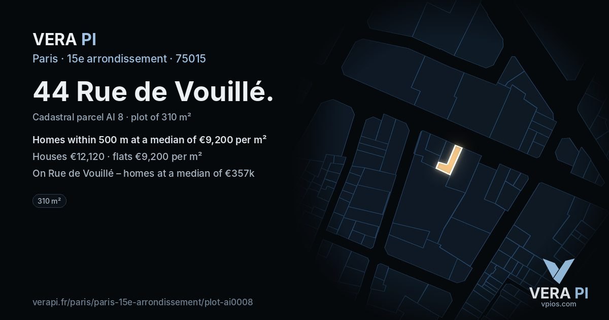 44 Rue de Vouillé, 15e arrondissement at night – the plot lit, the parcels around coloured by the prices near them