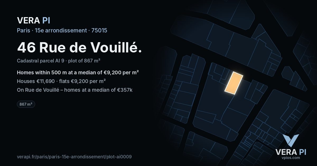 46 Rue de Vouillé, 15e arrondissement at night – the plot lit, the parcels around coloured by the prices near them