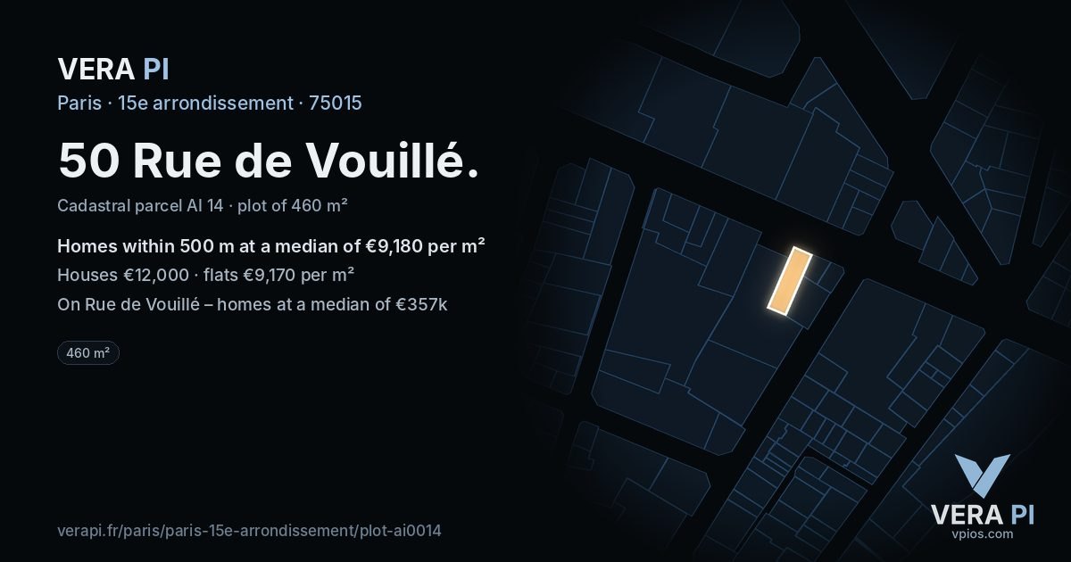 50 Rue de Vouillé, 15e arrondissement at night – the plot lit, the parcels around coloured by the prices near them