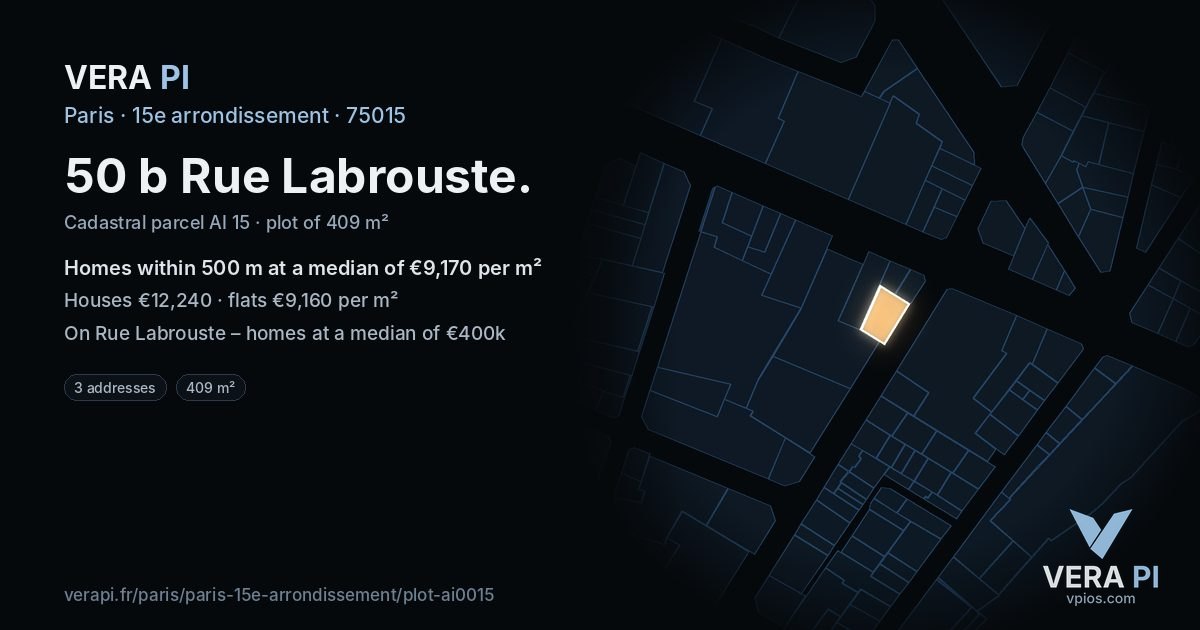 50 b Rue Labrouste, 15e arrondissement at night – the plot lit, the parcels around coloured by the prices near them