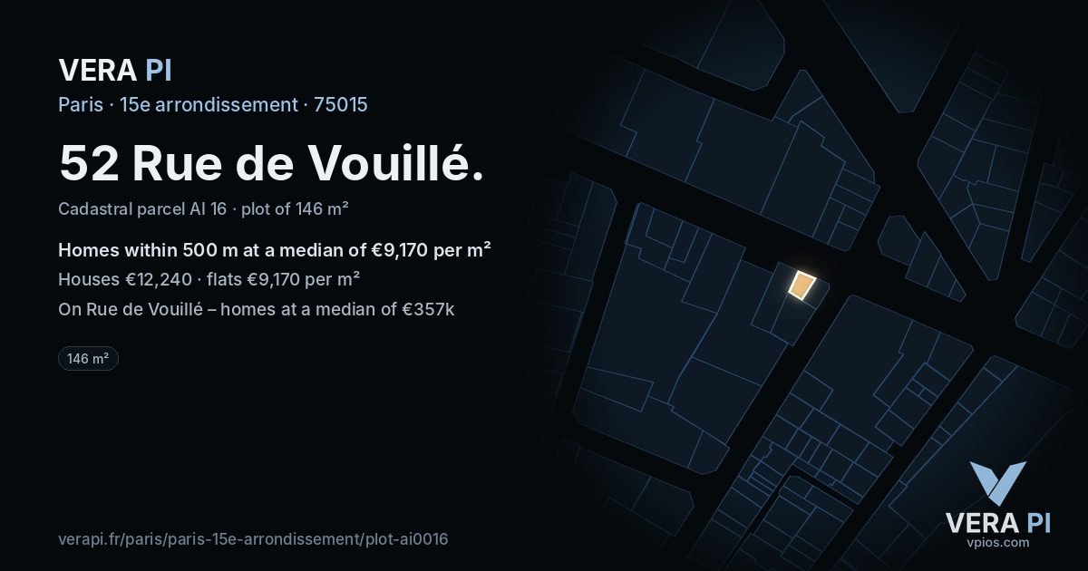 52 Rue de Vouillé, 15e arrondissement at night – the plot lit, the parcels around coloured by the prices near them