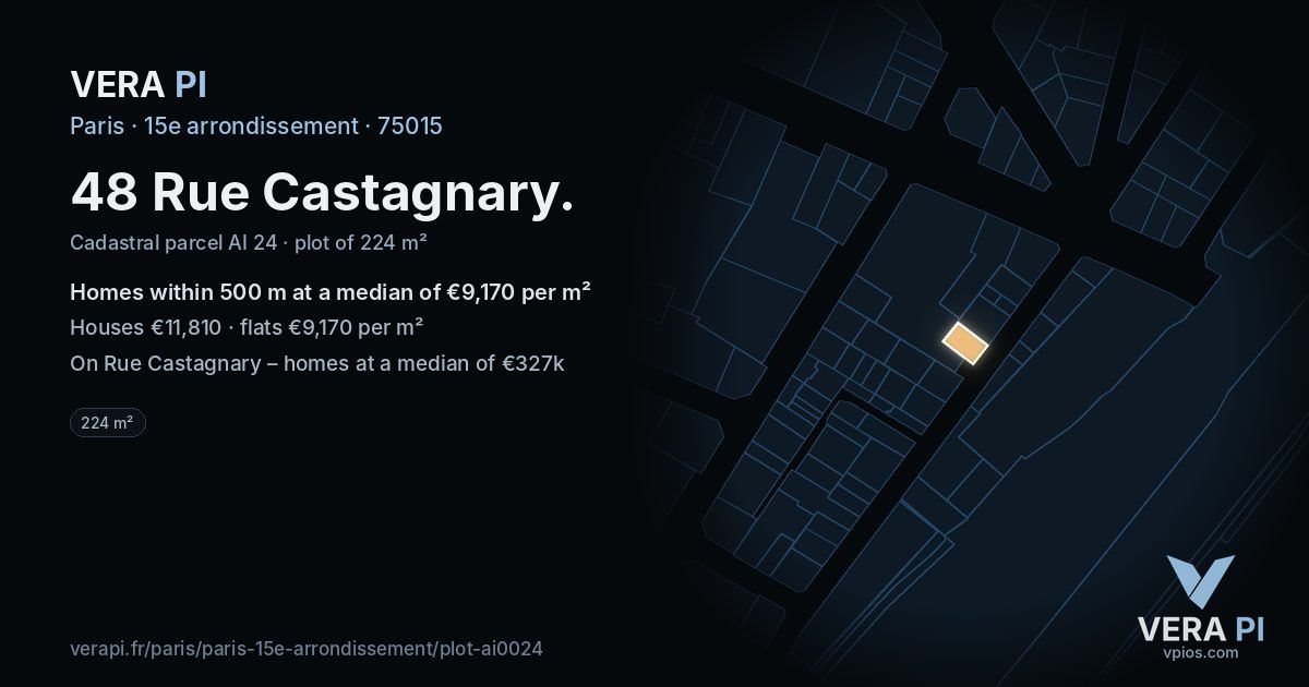 48 Rue Castagnary, 15e arrondissement at night – the plot lit, the parcels around coloured by the prices near them
