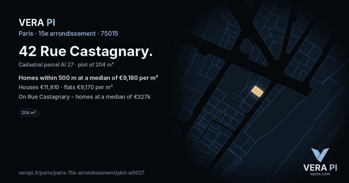 42 Rue Castagnary, 15e arrondissement at night – the plot lit, the parcels around coloured by the prices near them
