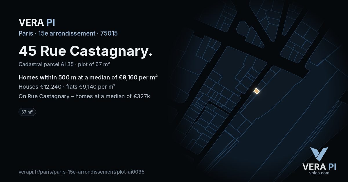 45 Rue Castagnary, 15e arrondissement at night – the plot lit, the parcels around coloured by the prices near them