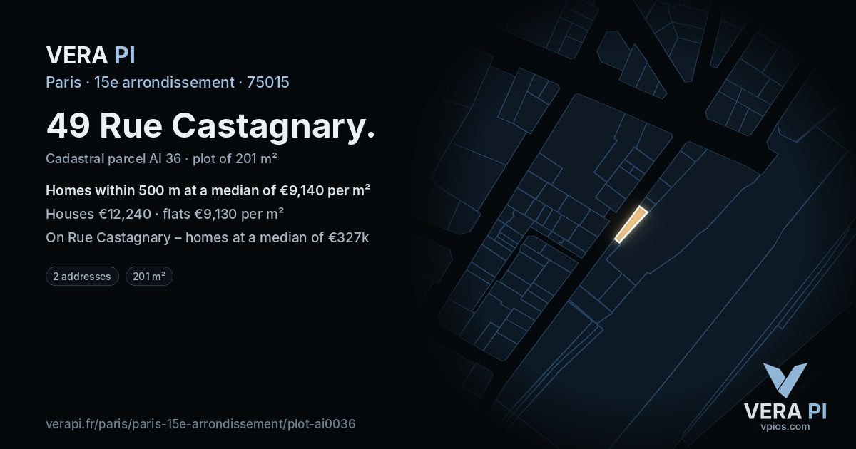 49 Rue Castagnary, 15e arrondissement at night – the plot lit, the parcels around coloured by the prices near them