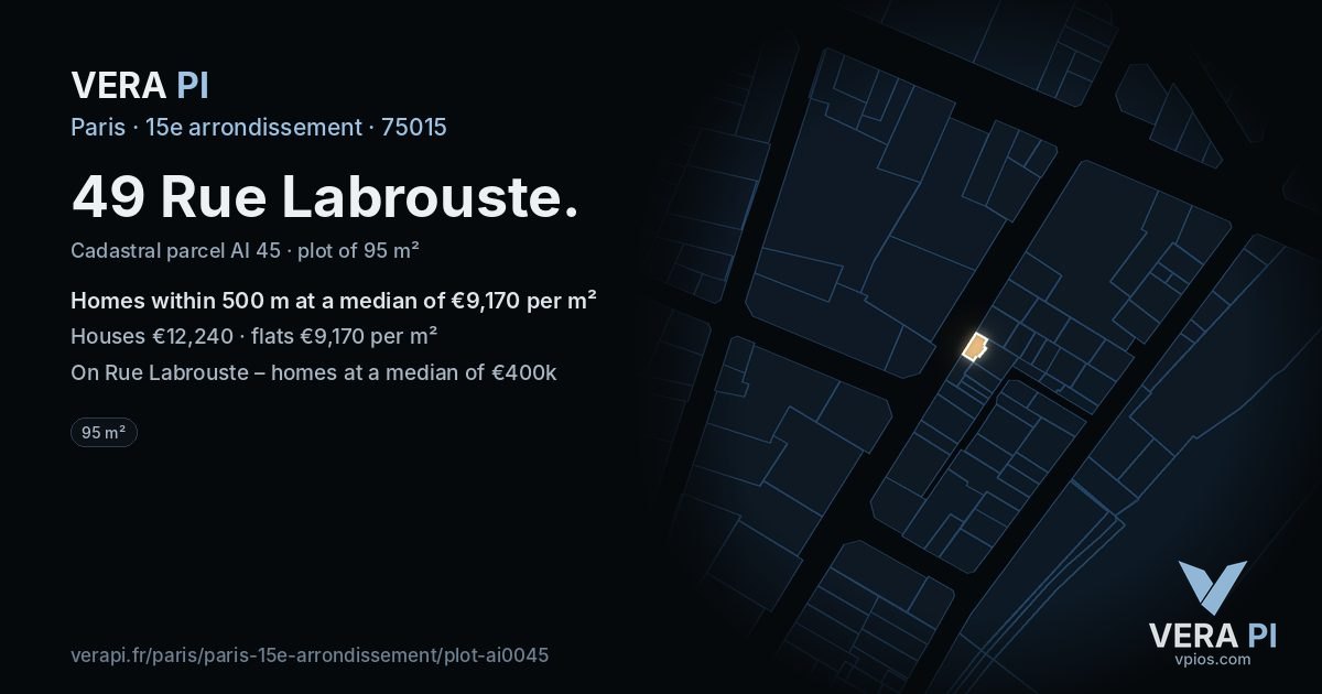49 Rue Labrouste, 15e arrondissement at night – the plot lit, the parcels around coloured by the prices near them