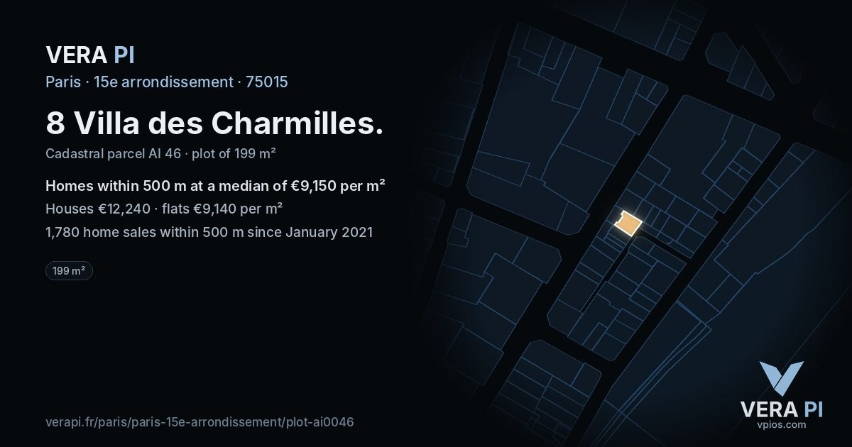 8 Villa des Charmilles, 15e arrondissement at night – the plot lit, the parcels around coloured by the prices near them