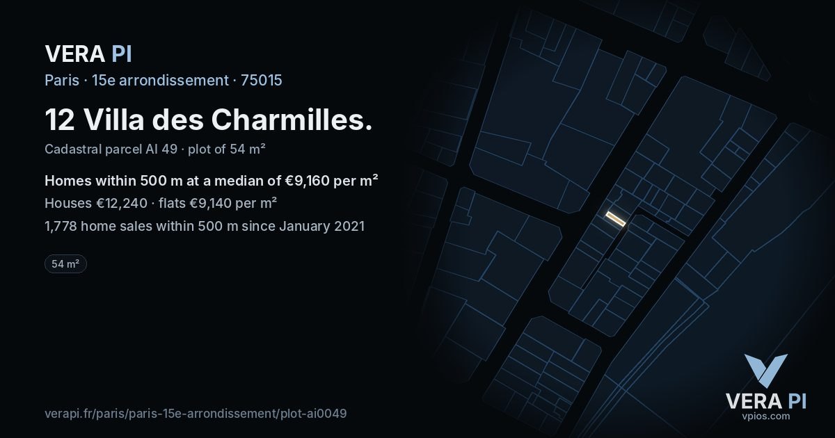 12 Villa des Charmilles, 15e arrondissement at night – the plot lit, the parcels around coloured by the prices near them