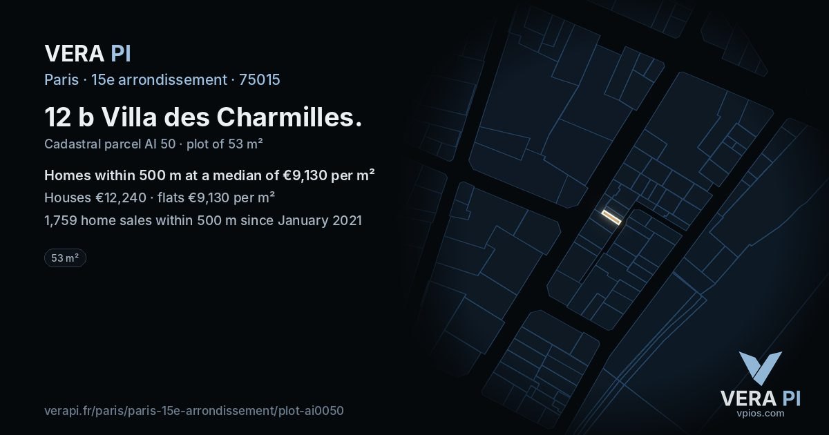 12 b Villa des Charmilles, 15e arrondissement at night – the plot lit, the parcels around coloured by the prices near them