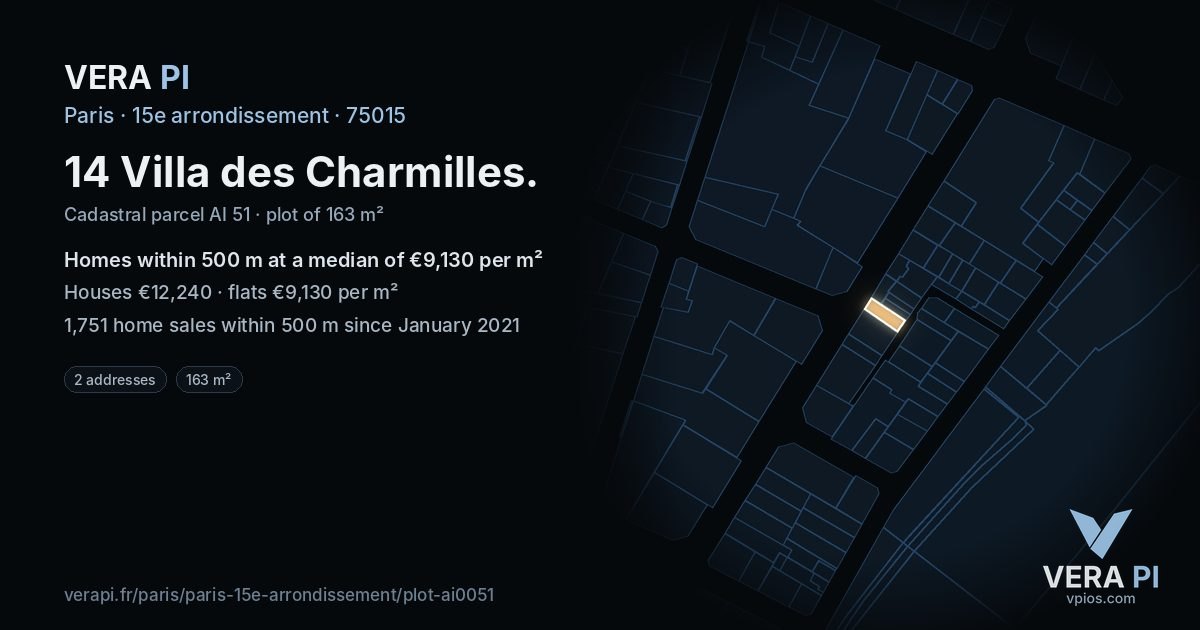 14 Villa des Charmilles, 15e arrondissement at night – the plot lit, the parcels around coloured by the prices near them