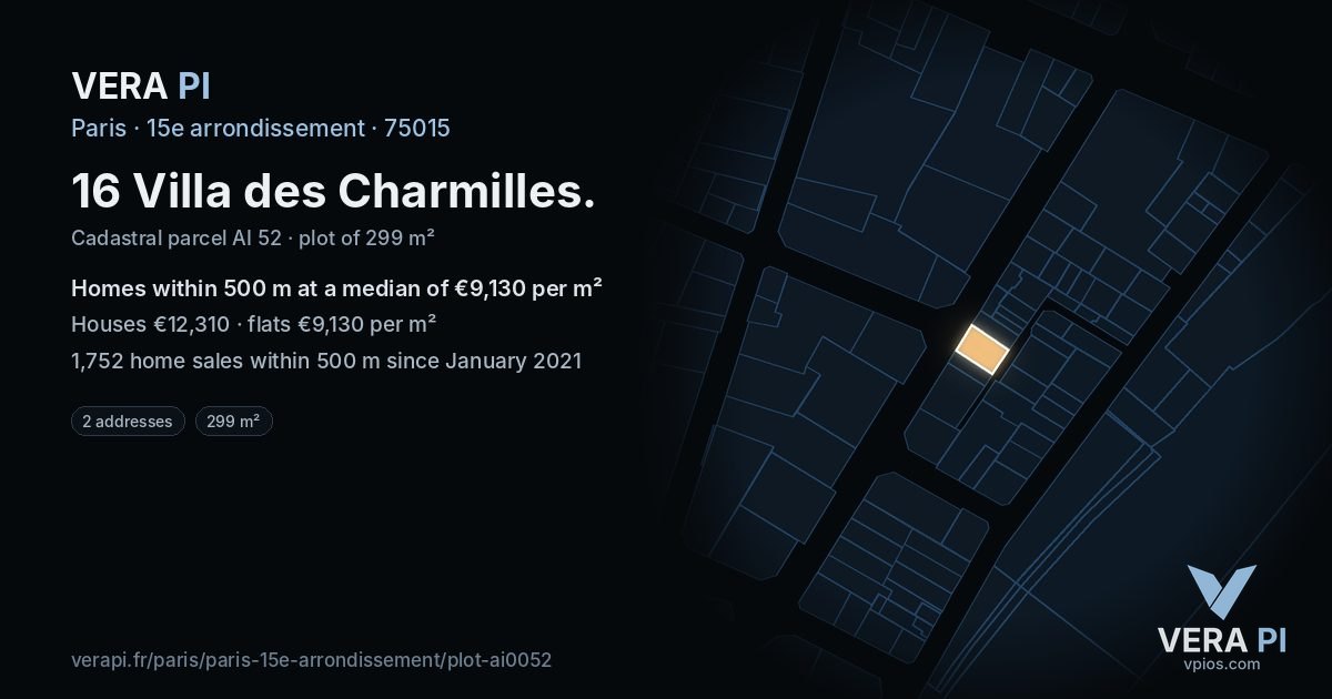 16 Villa des Charmilles, 15e arrondissement at night – the plot lit, the parcels around coloured by the prices near them