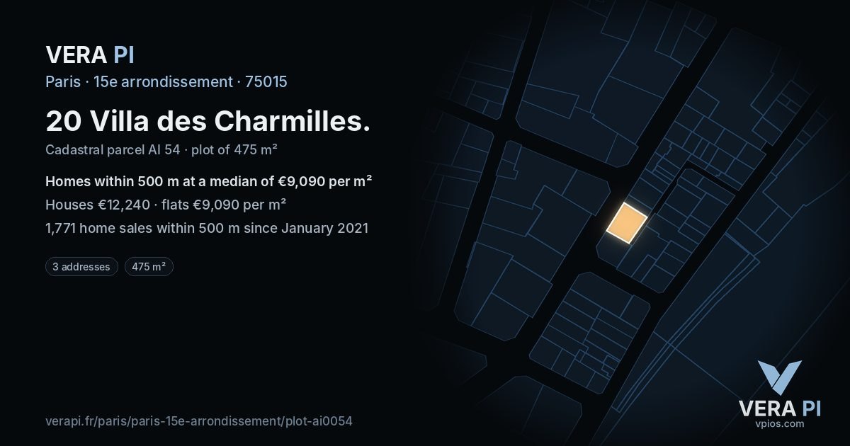 20 Villa des Charmilles, 15e arrondissement at night – the plot lit, the parcels around coloured by the prices near them