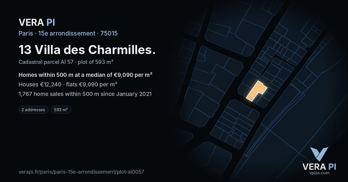 13 Villa des Charmilles, 15e arrondissement at night – the plot lit, the parcels around coloured by the prices near them