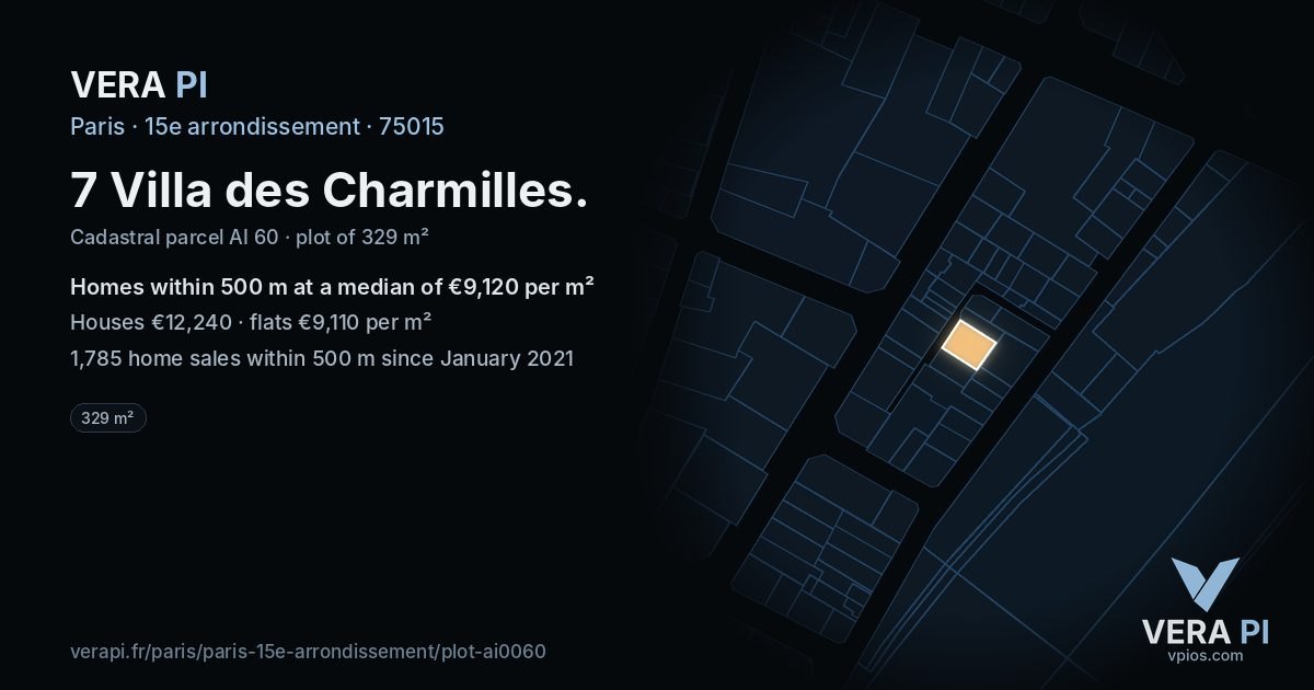 7 Villa des Charmilles, 15e arrondissement at night – the plot lit, the parcels around coloured by the prices near them