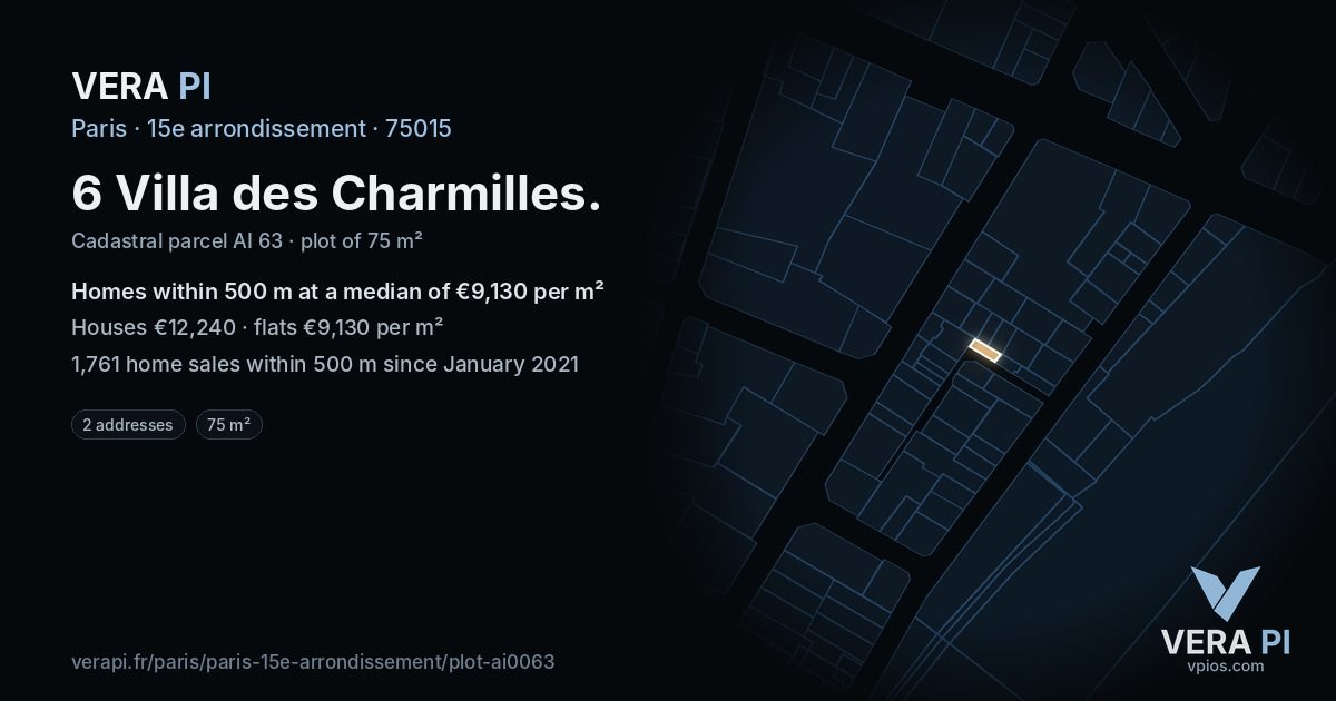 6 Villa des Charmilles, 15e arrondissement at night – the plot lit, the parcels around coloured by the prices near them