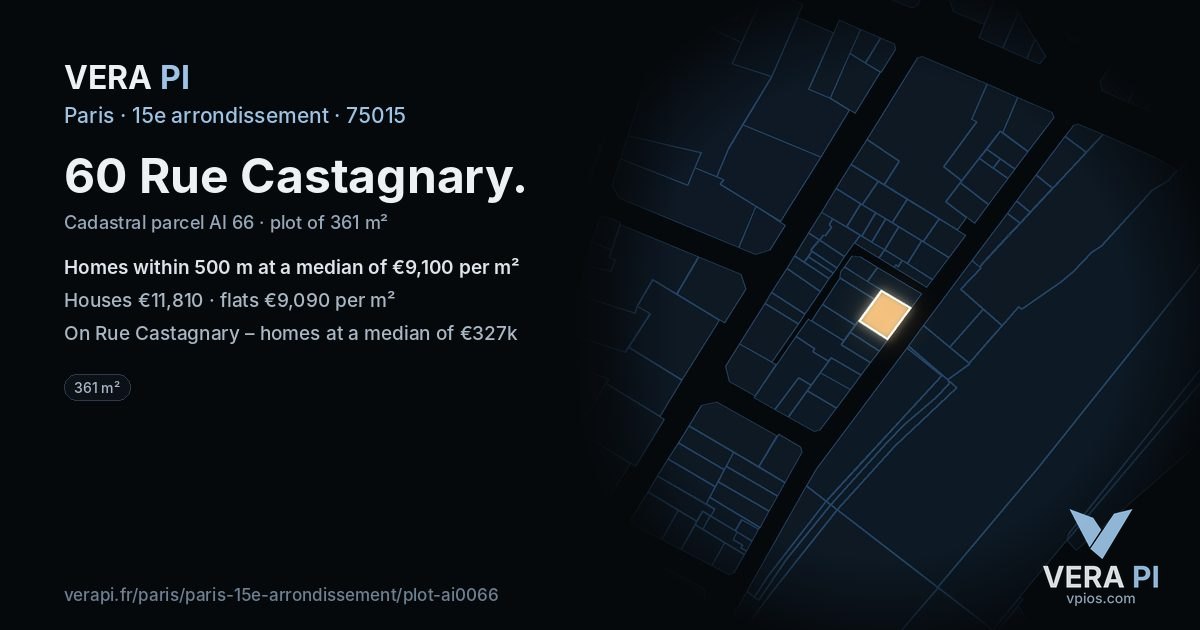 60 Rue Castagnary, 15e arrondissement at night – the plot lit, the parcels around coloured by the prices near them