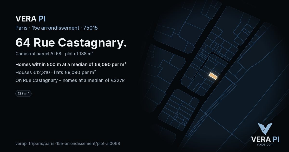 64 Rue Castagnary, 15e arrondissement at night – the plot lit, the parcels around coloured by the prices near them