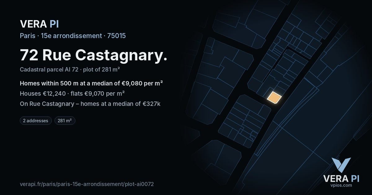 72 Rue Castagnary, 15e arrondissement at night – the plot lit, the parcels around coloured by the prices near them