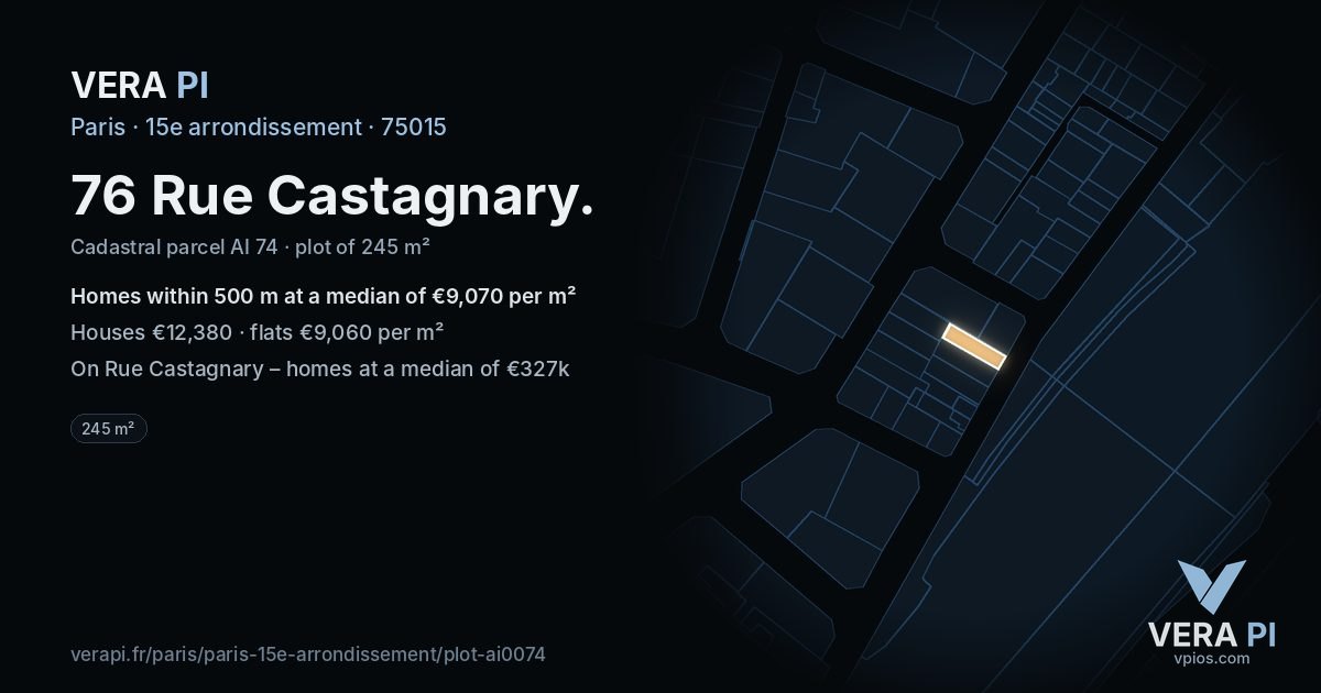 76 Rue Castagnary, 15e arrondissement at night – the plot lit, the parcels around coloured by the prices near them