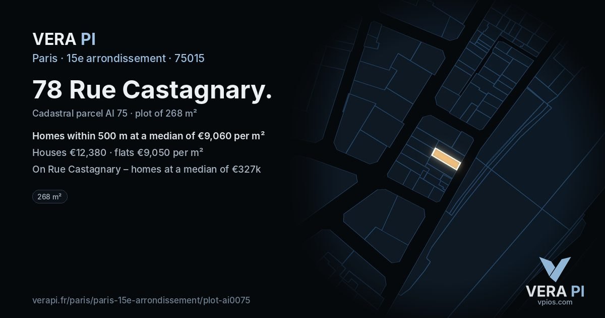 78 Rue Castagnary, 15e arrondissement at night – the plot lit, the parcels around coloured by the prices near them