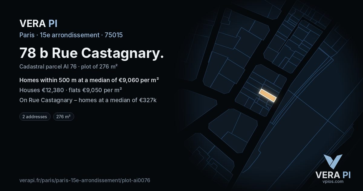 78 b Rue Castagnary, 15e arrondissement at night – the plot lit, the parcels around coloured by the prices near them