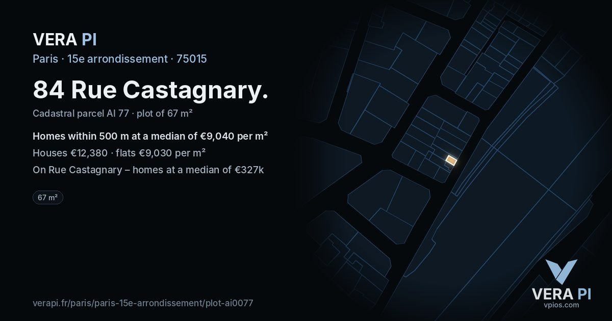 84 Rue Castagnary, 15e arrondissement at night – the plot lit, the parcels around coloured by the prices near them