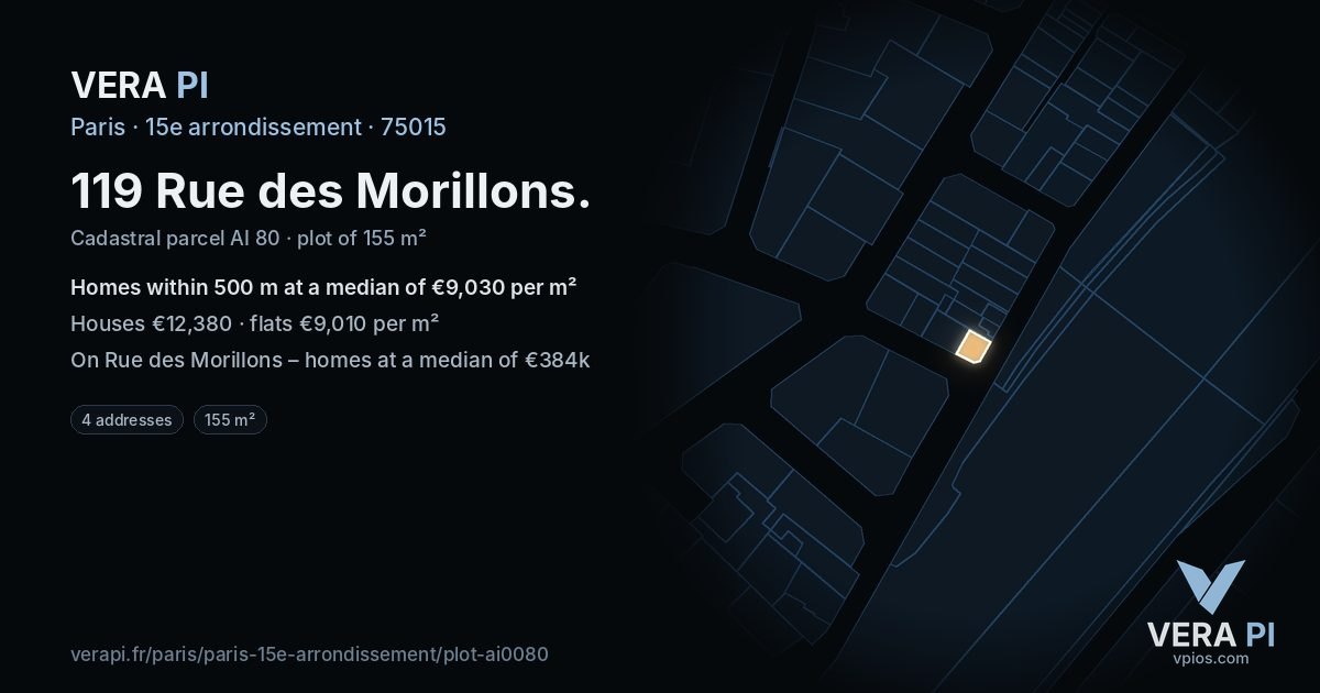 119 Rue des Morillons, 15e arrondissement at night – the plot lit, the parcels around coloured by the prices near them