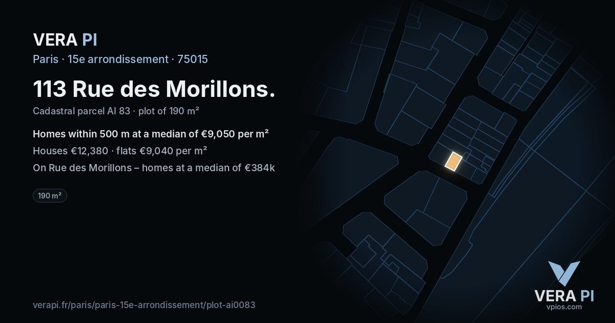 113 Rue des Morillons, 15e arrondissement at night – the plot lit, the parcels around coloured by the prices near them