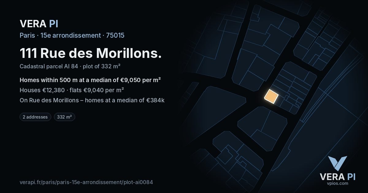 111 Rue des Morillons, 15e arrondissement at night – the plot lit, the parcels around coloured by the prices near them