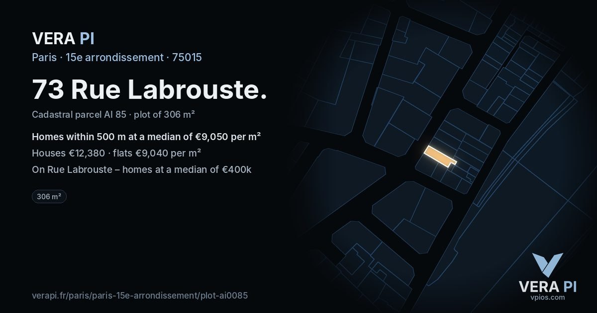 73 Rue Labrouste, 15e arrondissement at night – the plot lit, the parcels around coloured by the prices near them