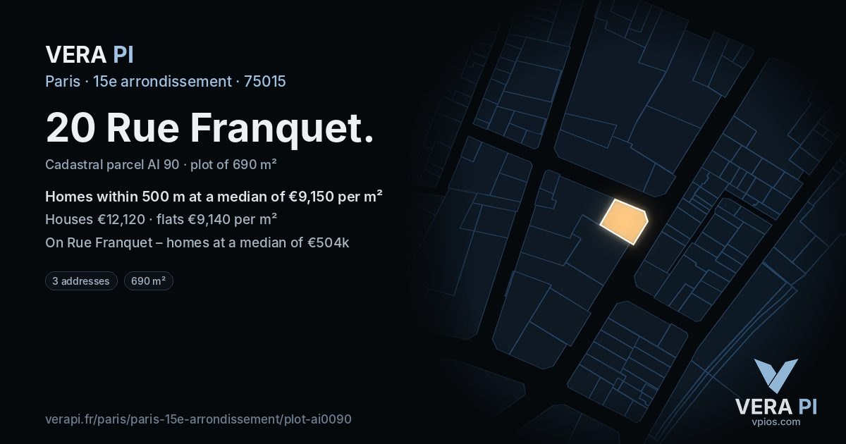 20 Rue Franquet, 15e arrondissement at night – the plot lit, the parcels around coloured by the prices near them