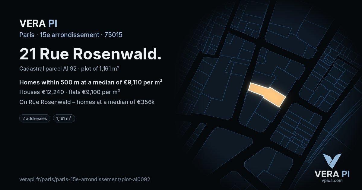 21 Rue Rosenwald, 15e arrondissement at night – the plot lit, the parcels around coloured by the prices near them