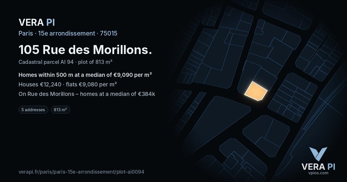 105 Rue des Morillons, 15e arrondissement at night – the plot lit, the parcels around coloured by the prices near them