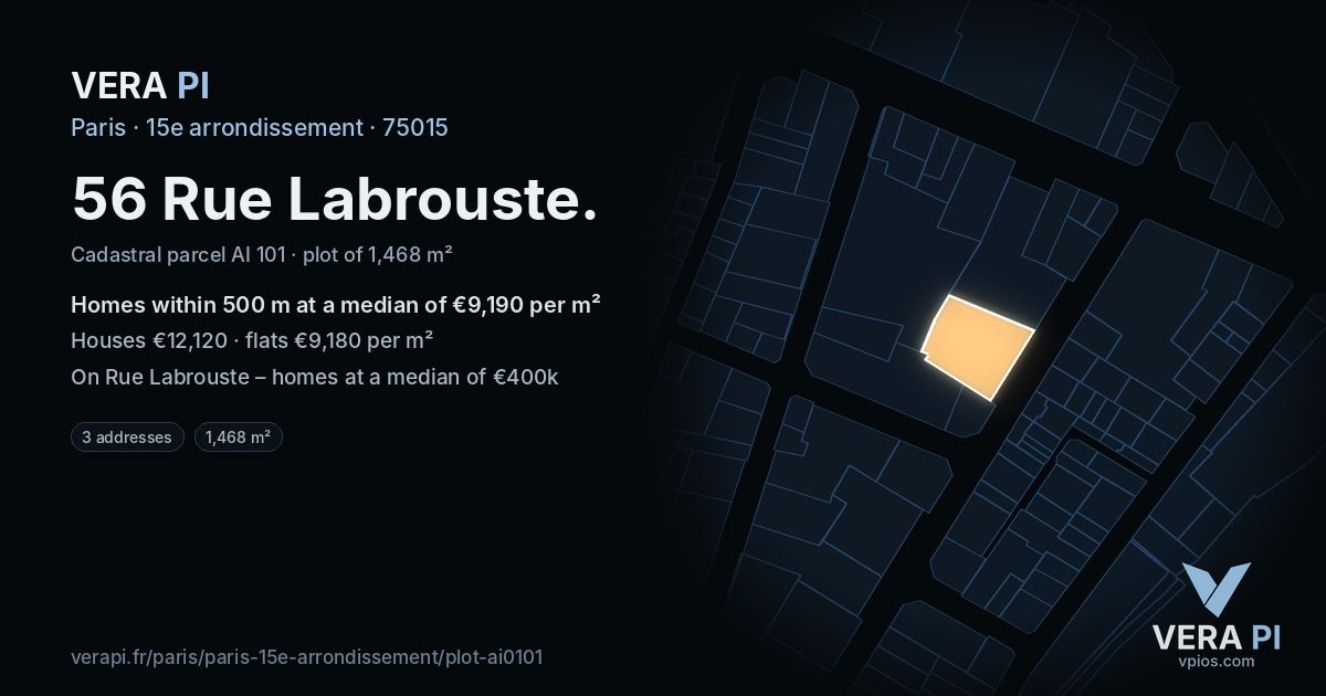 56 Rue Labrouste, 15e arrondissement at night – the plot lit, the parcels around coloured by the prices near them