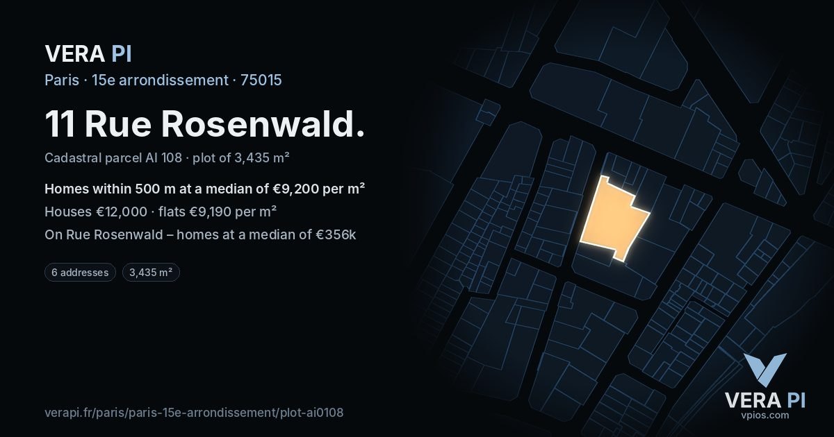11 Rue Rosenwald, 15e arrondissement at night – the plot lit, the parcels around coloured by the prices near them