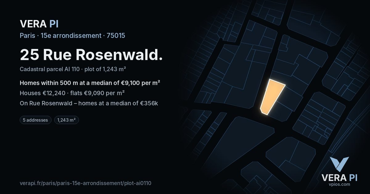 25 Rue Rosenwald, 15e arrondissement at night – the plot lit, the parcels around coloured by the prices near them