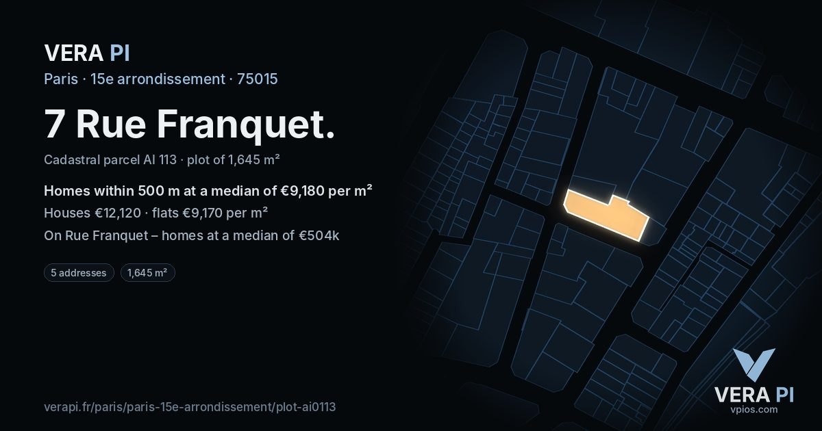 7 Rue Franquet, 15e arrondissement at night – the plot lit, the parcels around coloured by the prices near them
