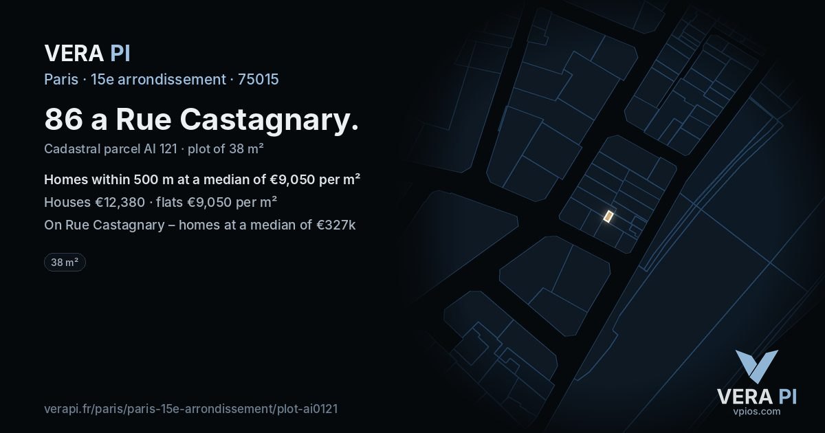86 a Rue Castagnary, 15e arrondissement at night – the plot lit, the parcels around coloured by the prices near them